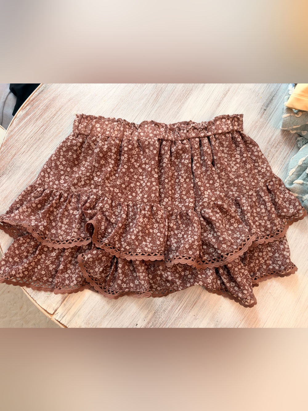 Onlypuff XL Brown Floral Tiered Ruffle Skort Lace Trim Built-In Shorts
